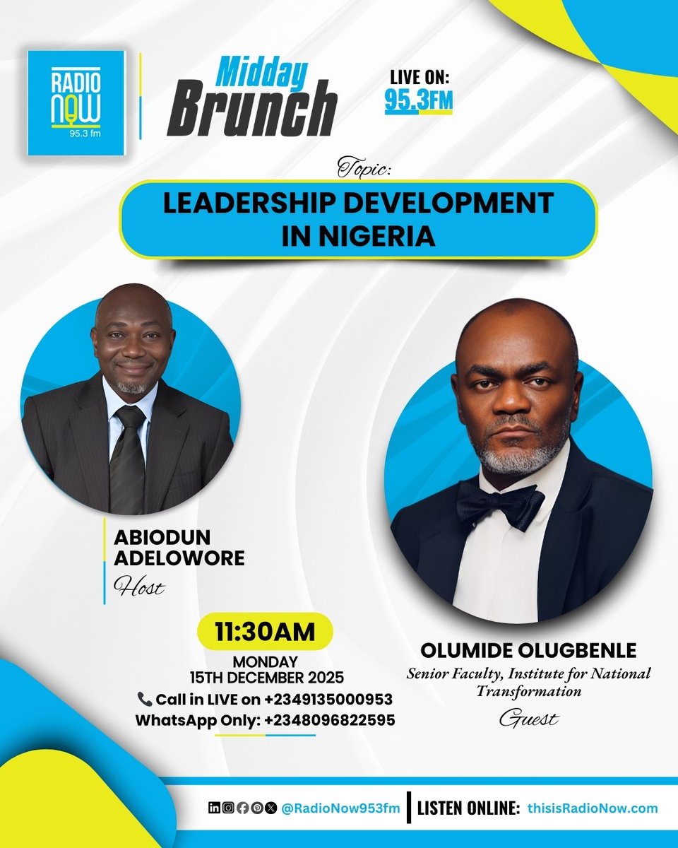 RadioNow953FM's tweet image. Today on Midday Brunch

Topic: Leadership Development in Nigeria

Guest: Olumide Olugbenle

Join the conversation with Abiodun Adelowore on Radio Now 95.3 FM.

#leadershipdevelopment #capacitybuilding #humancapital #nationaldevelopment