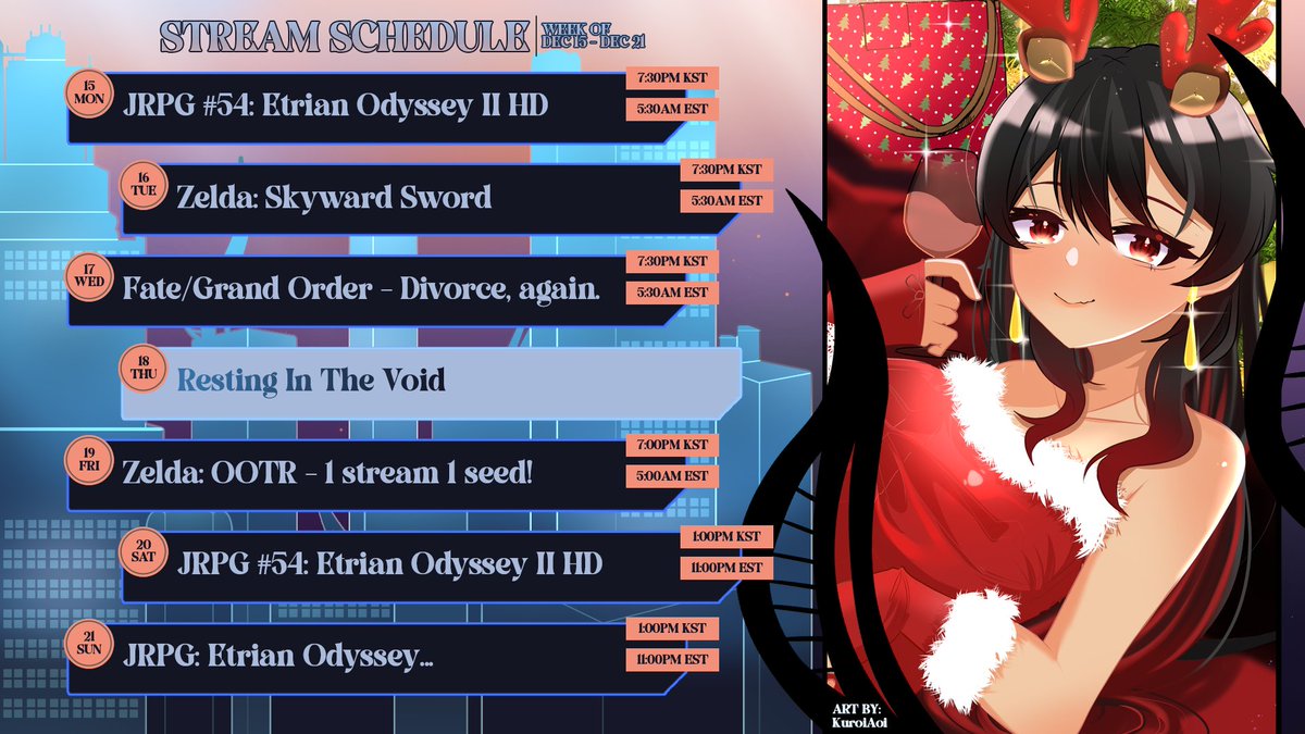shinikimura's tweet photo. I may have accidentally added more Etrian Odyssey to the schedule.
Post-game stratum brainrot, Skyward Sword progress, FGO Divorce (again), and Friday OOTR chaos await.
Schedule for Dec 15–21 ⬇️
#tothevoid #vtuber #jrpg #zelda #FGO
Art by @KuroiAoi_ https://t.co/liMFBGpOmM