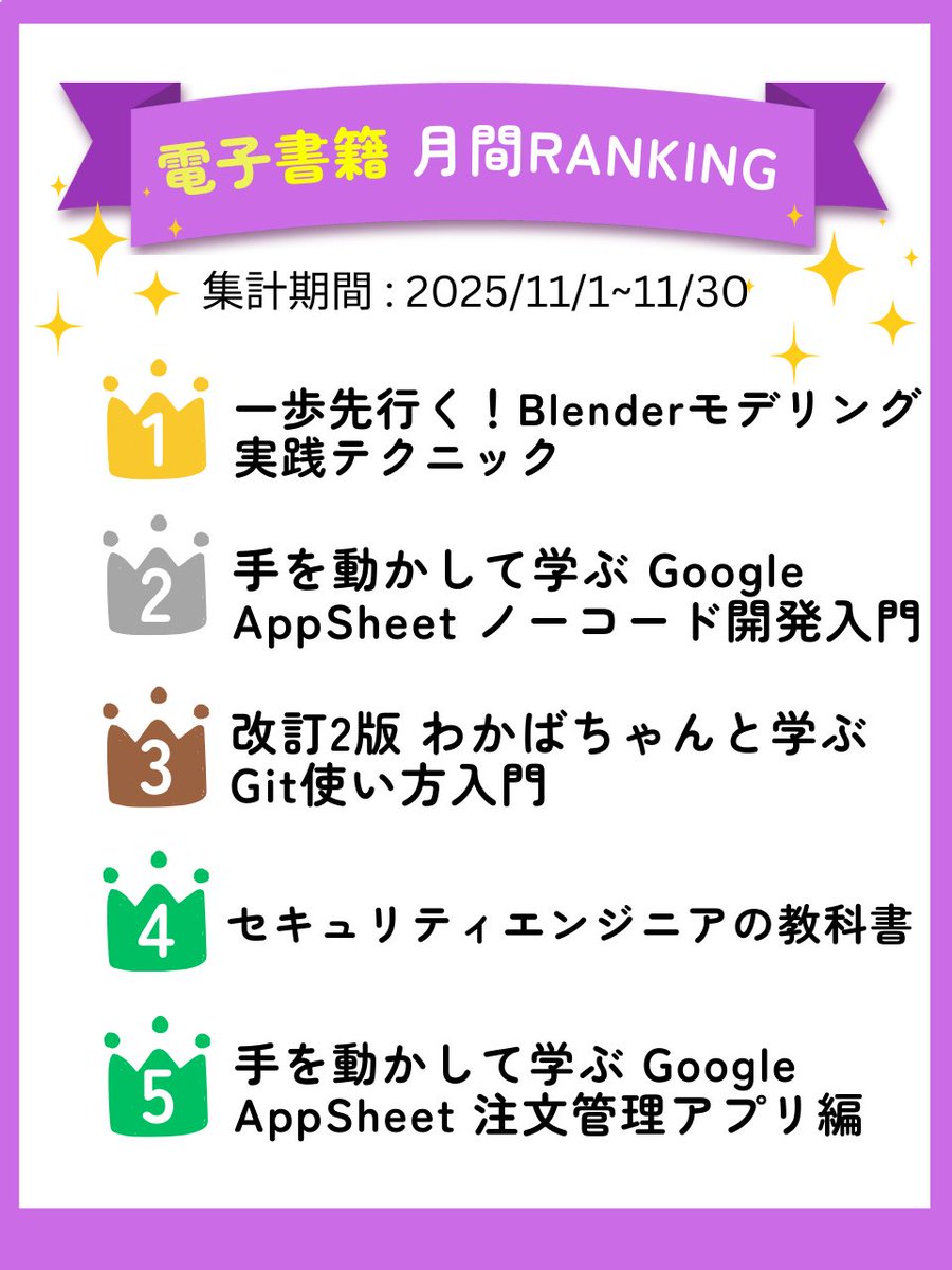 25年11月電子書籍ランキング】 1位は「一歩先行く!Blenderモデリング実践テクニック」でした👑 2.手を動かして学ぶ Google  AppSheet ノーコード開発入門 3.改訂2版 わかばちゃんと学ぶ Git使い方入門 4.改訂新版 セキュリティエンジニアの教科書  5.手を動かして学ぶ ...