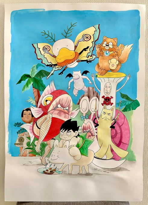 パプワ絵本打ち合わせ。 画材の参考に懐かしい作品を引っ張りだしたよ。 『所JAPAN』に出演した時に描いた絵。 両方ともケント紙で、1枚目がマーカーペンのインクを水で溶いて着色。(空はアクリル絵の具) 2枚目はアクリル絵の具で着色。 どちらも愉しいお仕事でした。 柴田亜美