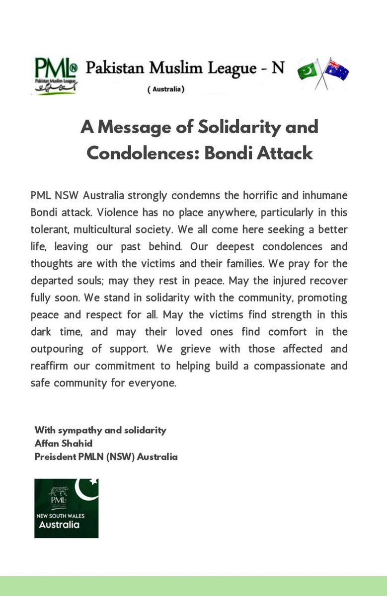 _affansays's tweet photo. A Message of Solidarity and Condolences: Bondi Attack
By Affan Shahid 
President PMLN (NSW) Australia

#bondiattack #Bondi https://t.co/8IwS8ADK55