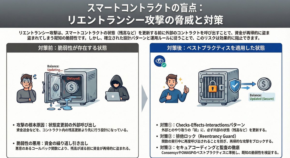 🛡️Dailyブロックチェーンセキュリティ🚨 
今日のお題はこちら👇 
ーーーーーーーーーーーーーーーーーーーーーーーーー リエントランシー攻撃阻止：状態変更ファーストを徹底 ーーーーーーーーーーーーーーーーーーーーーーーーー