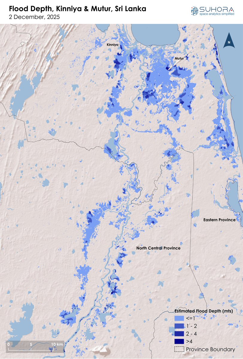 suhoratech's tweet photo. Flood extent analysis for Kinniya & Mutur was conducted using Sentinel-2 imagery from December 2.
Key observations:
• Flood extent: ~64,805 acres
• Affected agricultural land: ~39,131 acres
• Affected buildings: ~2,474 structures
#Kinniya #Mutur #FloodMapping #EarthObservation https://t.co/3P5dhUHFAU