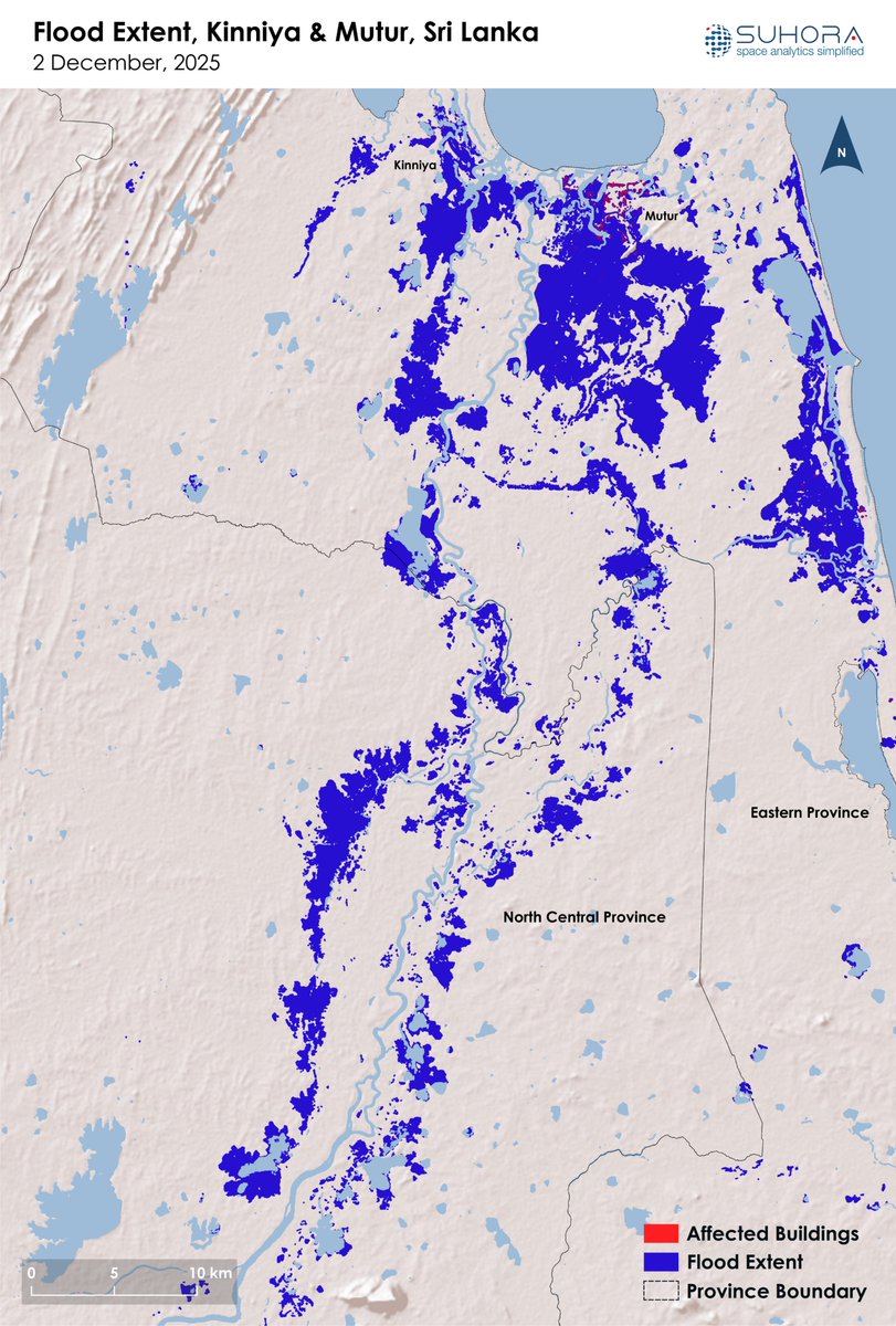 suhoratech's tweet photo. Flood extent analysis for Kinniya & Mutur was conducted using Sentinel-2 imagery from December 2.
Key observations:
• Flood extent: ~64,805 acres
• Affected agricultural land: ~39,131 acres
• Affected buildings: ~2,474 structures
#Kinniya #Mutur #FloodMapping #EarthObservation https://t.co/3P5dhUHFAU