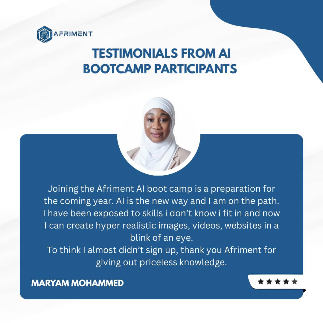 AFRIMENT's tweet photo. From confusion to clarity.
From learning to real confidence.

Our Bootcamp participants aren’t just gaining skills, they’re growing with direction, support, and confidence.

Want to join
Send us a DM or visit 👉🏽 https://t.co/26fek5yne4

#Afriment #BootcampTestimonials #Career https://t.co/qBQ630wvwc
