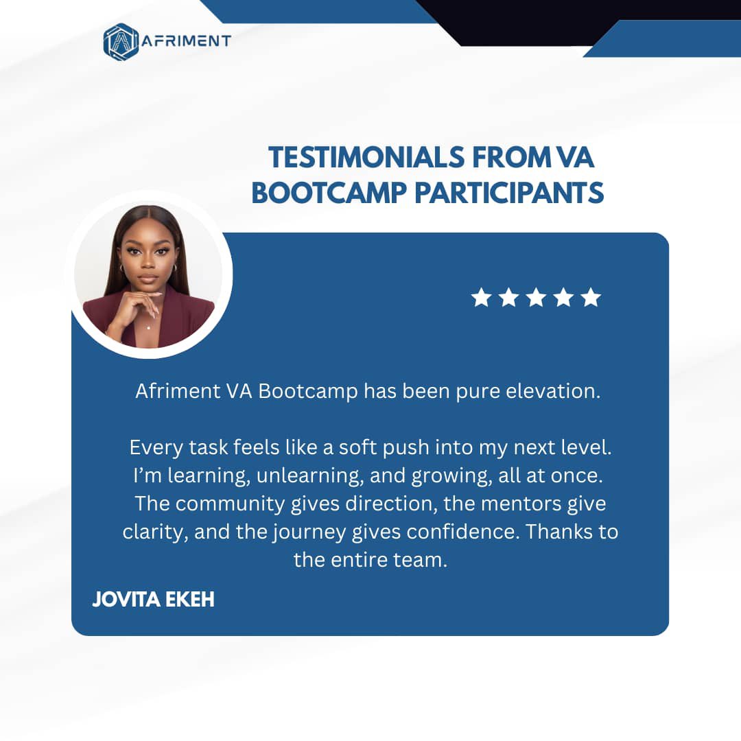 AFRIMENT's tweet photo. From confusion to clarity.
From learning to real confidence.

Our Bootcamp participants aren’t just gaining skills, they’re growing with direction, support, and confidence.

Want to join
Send us a DM or visit 👉🏽 https://t.co/26fek5yne4

#Afriment #BootcampTestimonials #Career https://t.co/qBQ630wvwc