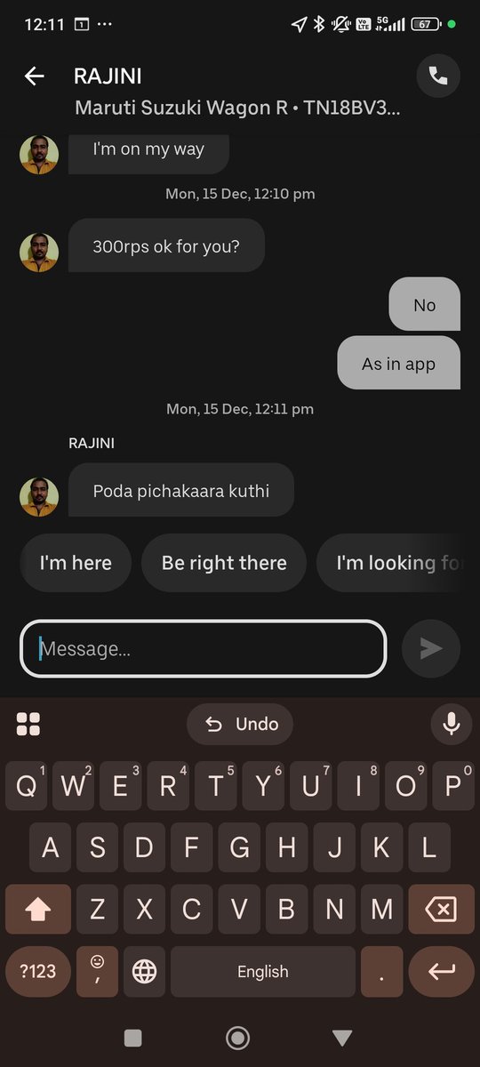 ermadhan's tweet photo. @Uber_India Thank you for the response from your driver. Using cuss words to the customers in digital media as well as orally over the call. https://t.co/cEEMnNVd3N