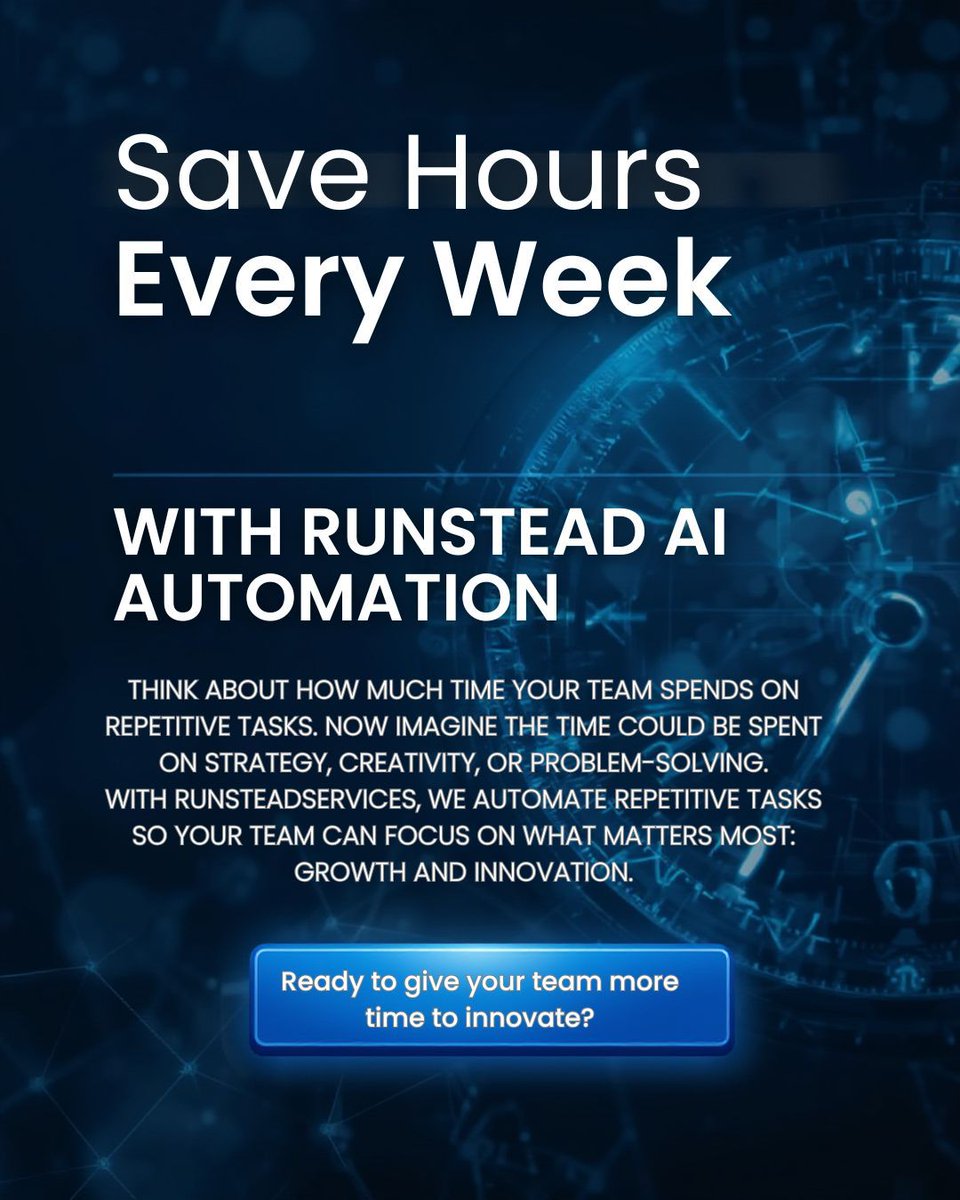 runsteadai's tweet image. Imagine the time your team could save by automating routine tasks. With RunsteadServices’ AI solutions, you can redirect those hours toward boosting creativity, strategy, and innovation—transforming how your team drives success.
#RunsteadServices #EfficiencyBoost #SmartWorkflows