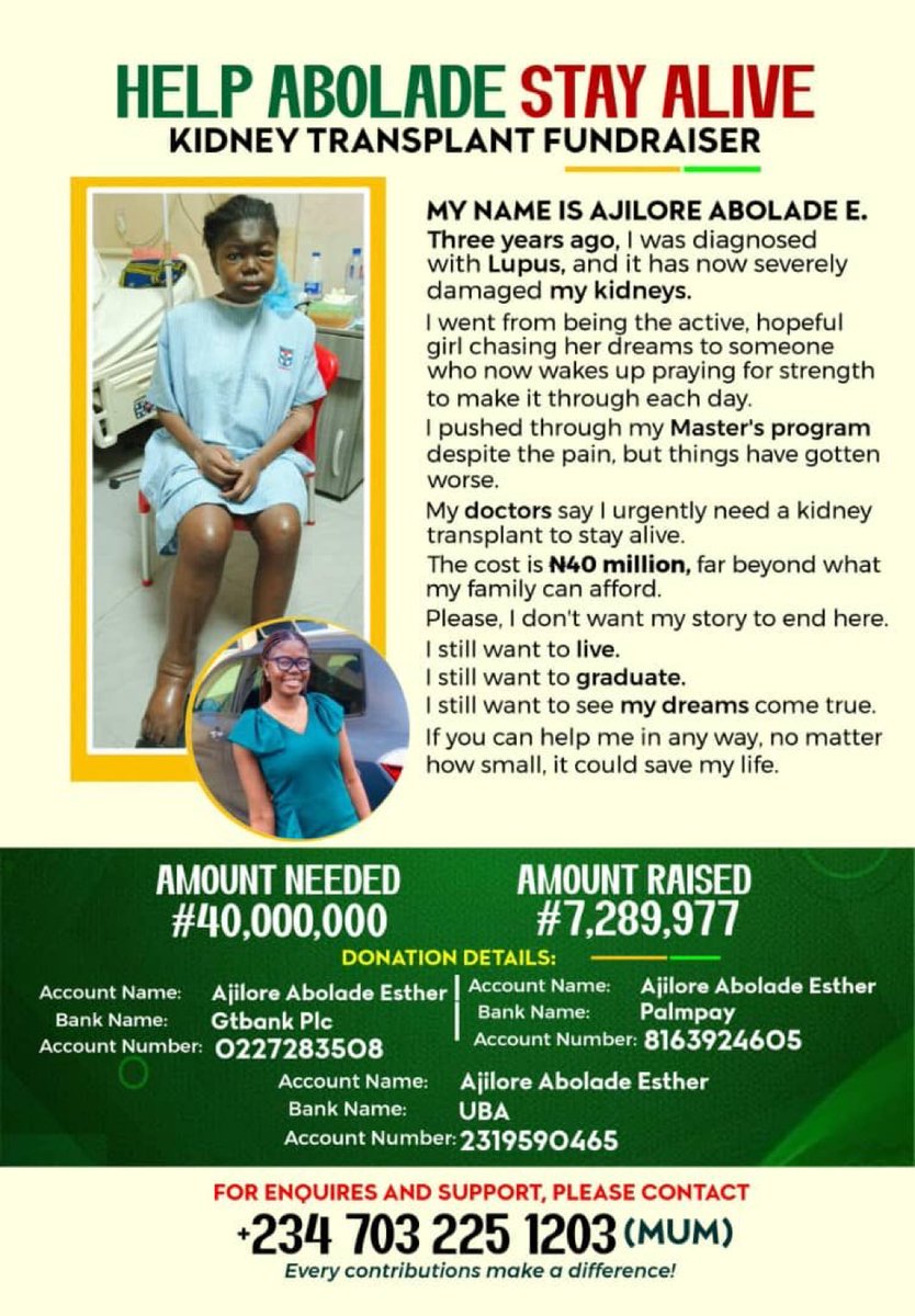 Festpresh's tweet image. Day 8 of #helpaboladestayalive

Please #helpaboladestayalive to live her dreams and purpose. She needs kidney transplant urgently. Every donation will go a long way! KINDLY repost.🙏