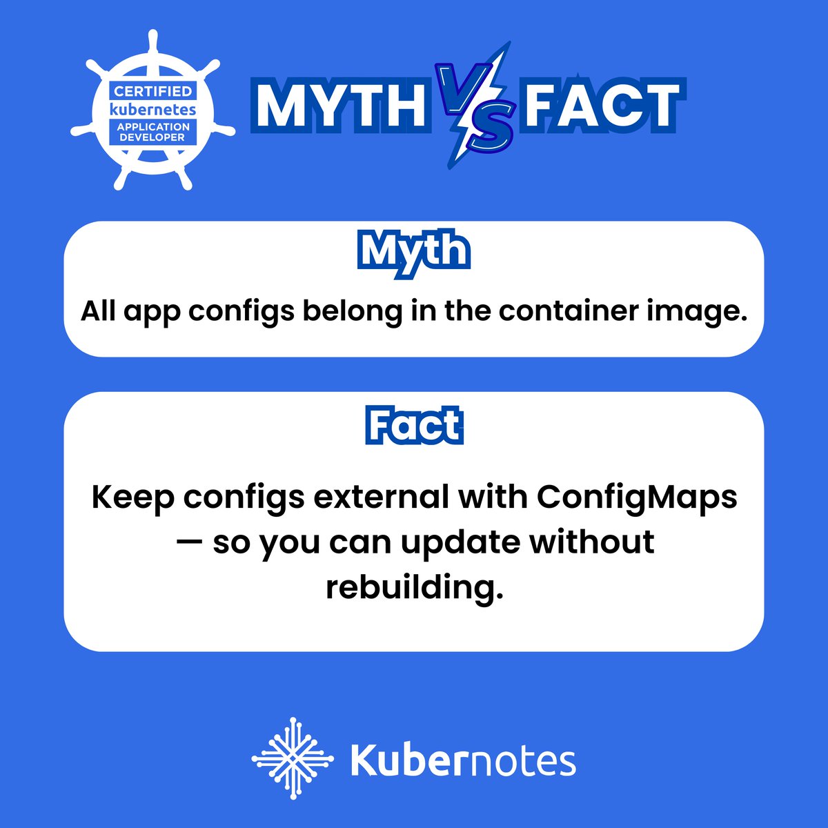 Kubernotes_'s tweet photo. 🌍 OFFICIAL WEBSITE: https://t.co/7tIY6E7NDs

⚠️ Myth: “All app configs belong inside the image.”
✅ Fact: “Use ConfigMaps — they make updates easier and safer.”

#CKAD #KubernetesConfig #CloudNative #DevOps #K8s #ExamPrep #KubernetesDeveloper #StudyWithMe https://t.co/qwHVHSTihz