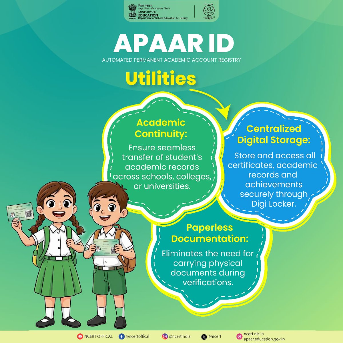 𝐔𝐧𝐥𝐨𝐜𝐤 𝐘𝐨𝐮𝐫 𝐀𝐜𝐚𝐝𝐞𝐦𝐢𝐜 𝐈𝐝𝐞𝐧𝐭𝐢𝐭𝐲 𝐰𝐢𝐭𝐡 𝐀𝐏𝐀𝐀𝐑 𝐈𝐃! 
Your learning journey just became smarter, simpler, and smoother.

With the Automated Permanent Academic Account Registry, every student gets a unique academic identity that stays with them-no