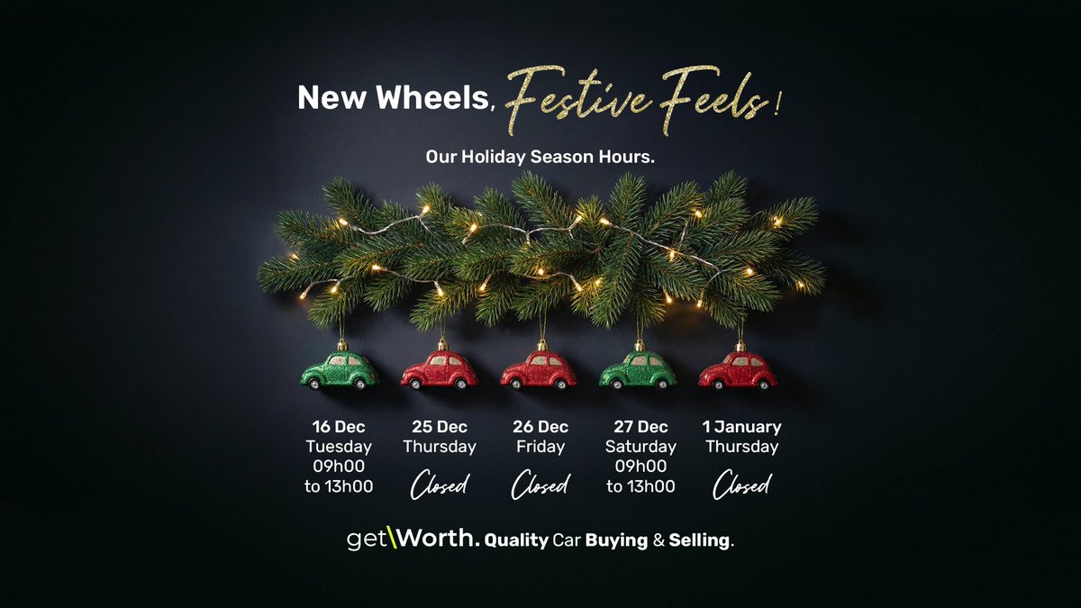getworthza's tweet image. Tis the season to treat yourself!A shiny new ride is the ultimate gift, and it doesn’t even need wrapping! 🎄✨ 

Check our hours to ensure a jolly ride lands under your tree. 
Book a test drive today bit.ly/4jf6BmD

#FestiveWheels #CelebrateInStyle #NewRideNewVibes