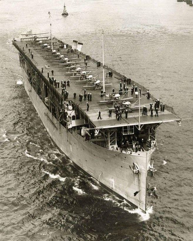 The first American aircraft carrier. Converted from a coal cargo ship. USS Langley. 1928.