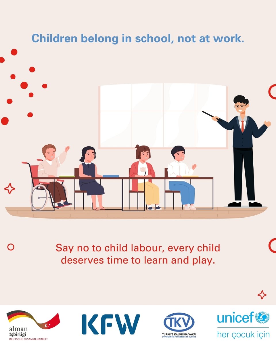 Çocuklar okulda olmalı, işte değil. 🎒
Öğrenmek, oynamak ve hayal kurmak her çocuğun hakkı.

Çocuk işçiliği;
çocukların eğitimini, sağlığını ve geleceğini ellerinden alır.

Çocuk işçiliğine hayır de!
<a href="/unicefturk/">UNICEF Türkiye</a> - <a href="/KfW/">KfW Bankengruppe</a> - <a href="/BMZ_Bund/">Bundesentwicklungsministerium</a>