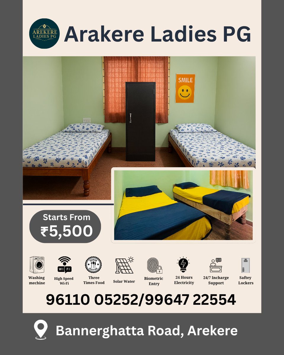 arakereladiespg's tweet photo. Looking for a safe ladies PG in Bannerghatta Road, Bangalore?
🏡 Arakere Ladies PG
✅ Furnished rooms
✅ Biometric entry &amp; lockers
✅ Wi-Fi &amp; food
💰 Starts from ₹5,500
📍 Arekere
📞 96110 05252
🔗 : https://t.co/7VhKmBHAZc
#LadiesPG #BannerghattaRoad #Arekere #BangalorePG https://t.co/QKKYkDvVXp
