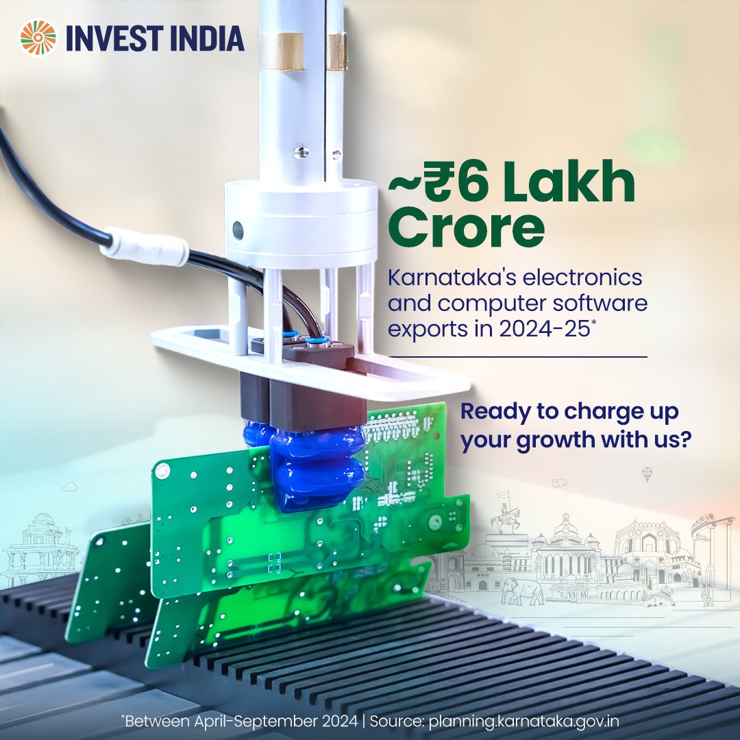 investindia's tweet image. #Karnataka continues to shape the world’s digital future with high-value electronics and software exports. This is supported by robust infrastructure, engineering expertise and seamless market linkages.

Explore more: tinyurl.com/II-Karnataka

#InvestInIndia #ComputerSoftware