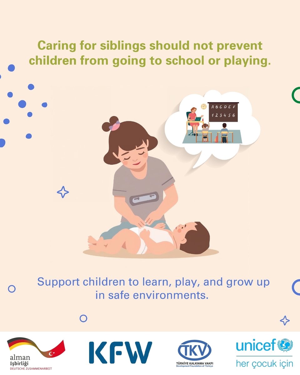 Kardeş bakımı çocukluğun yerine geçmemeli.
Her çocuğun okula gitmeye, oyun oynamaya ve öğrenmeye hakkı var.

Bu haklar ertelenemez, devredilemez.
Çocukların öğrenme ve oyun hakkını koruyalım!
Güven içinde büyümelerini birlikte destekleyelim🩵

<a href="/unicefturk/">UNICEF Türkiye</a> <a href="/KfW/">KfW Bankengruppe</a> <a href="/BMZ_Bund/">Bundesentwicklungsministerium</a>