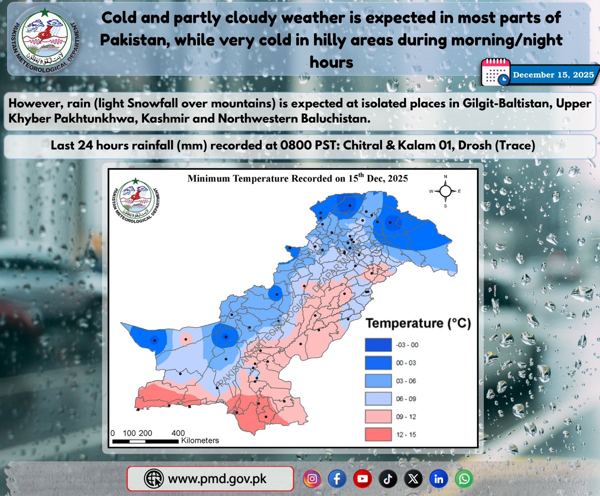 pmdgov's tweet photo. Rain (light Snowfall over mountains) is expected at isolated places in Gilgit-Baltistan, Upper Khyber Pakhtunkhwa, Kashmir and Northwestern Baluchistan.
#WeatherAlert #dryweather #PakistanWeather #RainAlert #StaySafeStayPrepared #snowfall #northernareas #mountains https://t.co/GqHThT0kz2