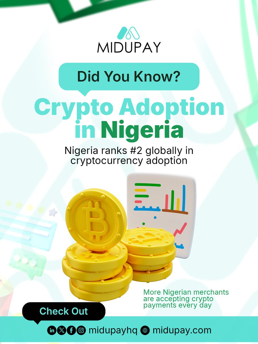 midupayhq's tweet photo. 🔥 Nigeria ranks #2 globally in crypto adoption!

The future of commerce is flexible, borderless, and happening right here. 🇳🇬

What do you think is driving this growth? Let's discuss! 💬

#Midupay #CryptoInNigeria #DigitalPayments #NigerianBusiness https://t.co/X3gNpWXALs