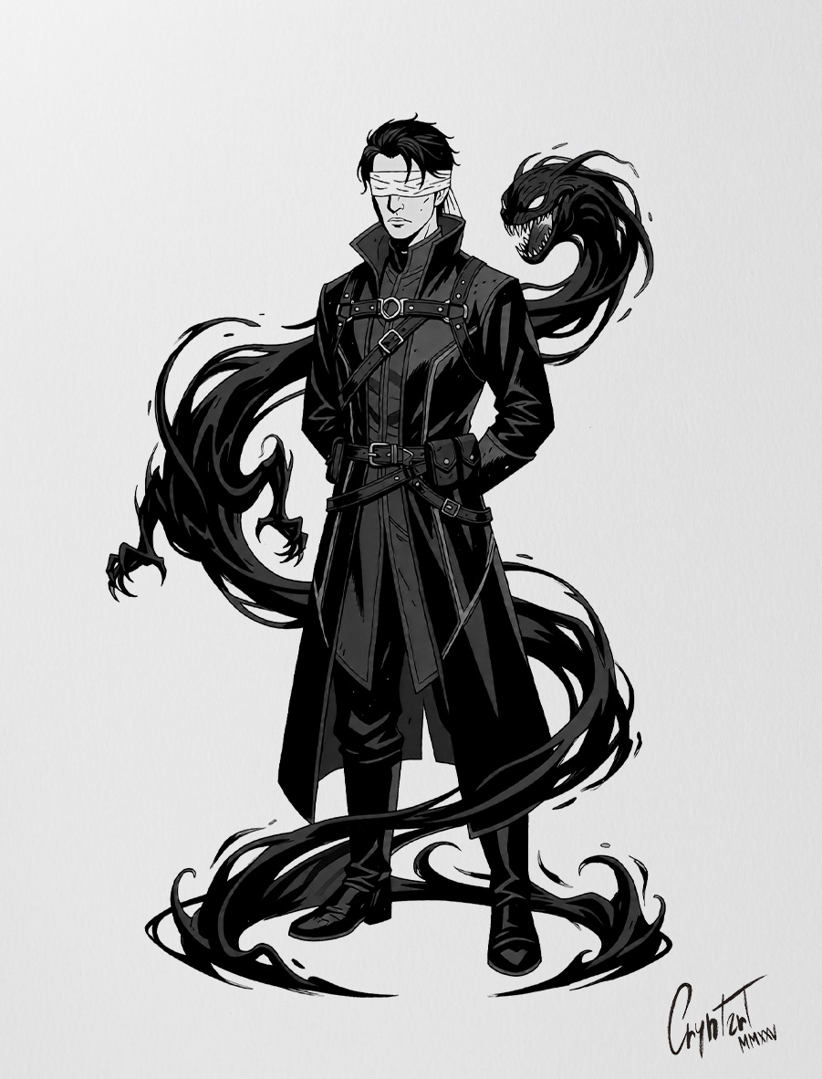 Cryntart's tweet photo. Warlock bound to a living shadow, a patron that never truly leaves his side.
I focused on make the entity feel invasive, not summoned.

#DnDArt #FantasyArt #CharacterDesign #Commission https://t.co/Bbo9jBMlAm