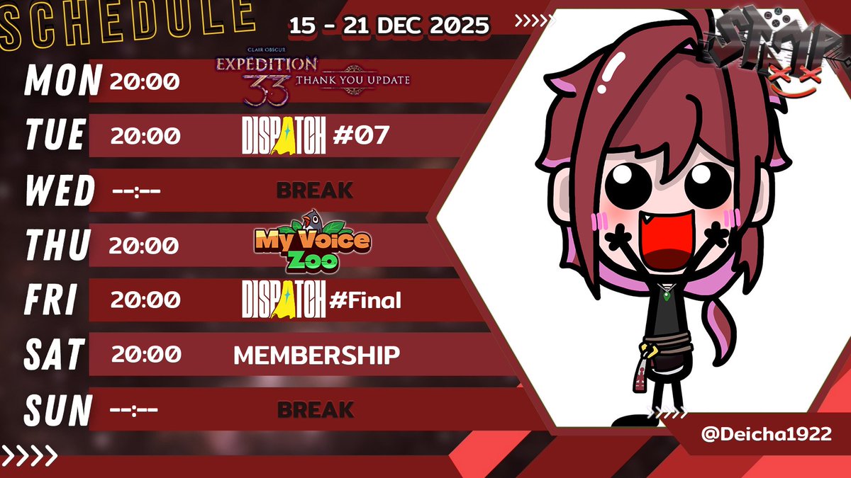 🔴ตารางไลฟ์ 15/12 - 21/12👑
กลางเดือนปีสุดท้ายมาสนุกกันให้เต็มที่กันไปเลยกับเกมมากมาย ที่วนเวียนกันมา อย่าลืมมาเจอกัน ✨
แต๋มมี่เมมเบอร์ชิพข้างกัปตันเจอกันวันเสาร์นะครับ 🩷

#StampLMTY #VtuberTH