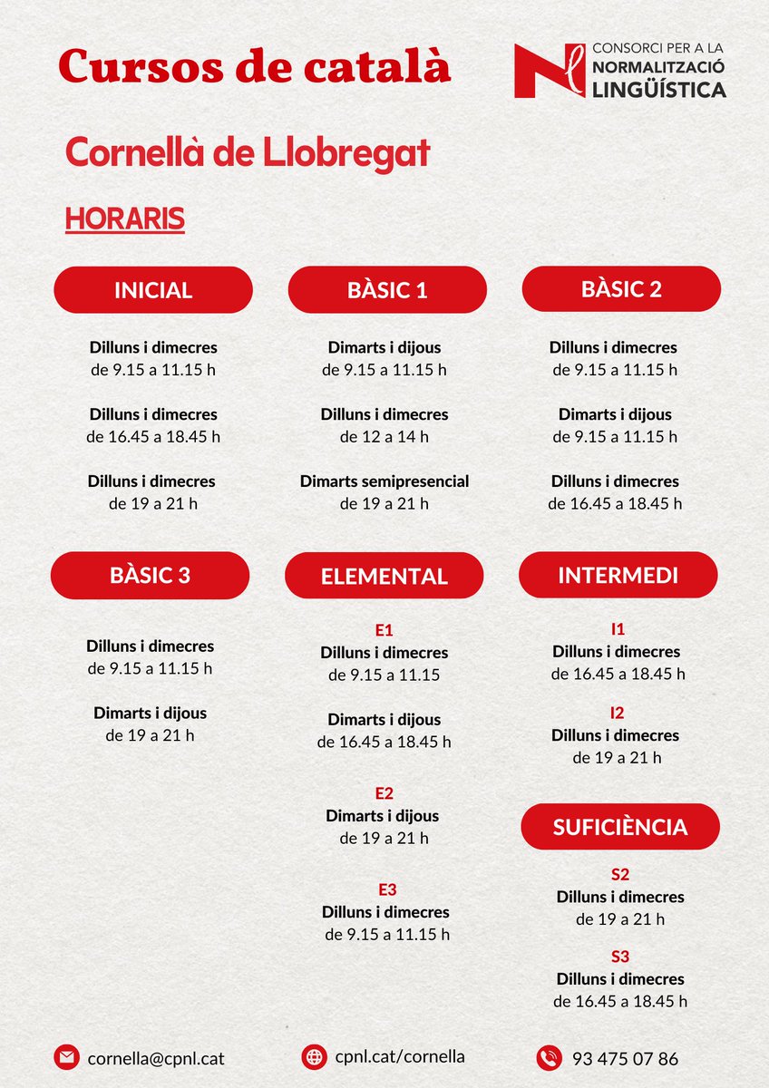 📆Demà comença el període d'inscripcions. Consulta'n les dates i els torns a cpnl.cat/inscripcions/
✅Aquests seran els nivells i horaris que oferirem el segon trimestre!

🔎Consulta'n tota l'oferta a cpnl.cat/oferta