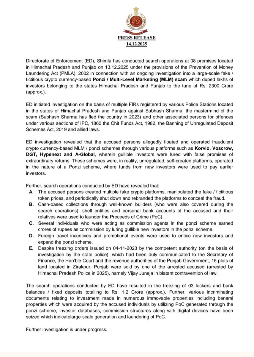Massive Financial Fraud Exposed ! 💰 The ED has busted a ₹2,300 Crore fake crypto  MLM scam operating in Himachal & Punjab. 📍 8 locations raided ❄️ ₹1.2 Cr  frozen This highlights