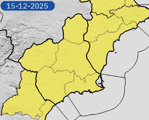 ACTUALIZACIÓN DE LOS AVISOS DE FENÓMENOS METEOROLÓGICOS ADVERSOS PARA HOY LUNES
(HASTA LAS 12 H)

🌧️Lluvias (Nivel amarillo).
20 litros por metro cuadrado en una hora.
60 litros por metro cuadrado en 12 horas
Altiplano, Noroeste, Vega del Segura, Campo de Cartagena y Mazarrón.