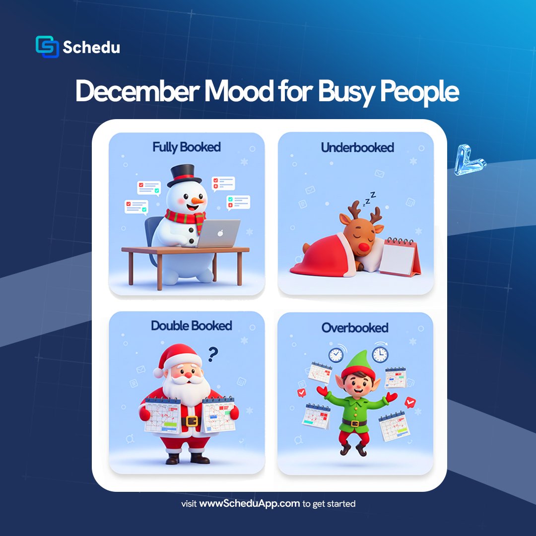 ScheduApp's tweet photo. 𝗗𝗲𝗰𝗲𝗺𝗯𝗲𝗿 𝗺𝗲𝗲𝘁𝗶𝗻𝗴𝘀 𝗵𝗮𝘃𝗲 𝗽𝗲𝗿𝘀𝗼𝗻𝗮𝗹𝗶𝘁𝗶𝗲𝘀 😄🎄

Fully booked.
Double booked.
Overbooked.
Underbooked (yes, it happens too).

No matter what mood your calendar is in this season, having everything in one clear place just makes life easier. Schedu quietly keeps meetings organized while you enjoy the festive chaos.

Curious what your calendar could feel like with less stress?
Take a peek 👀 → https://t.co/xhWKaGU7t8

#ScheduApp #DecemberVibes #WorkLifeBalance #HolidaySeason #TechLife #FestiveWork #MeetingsMadeEasy #Productivity