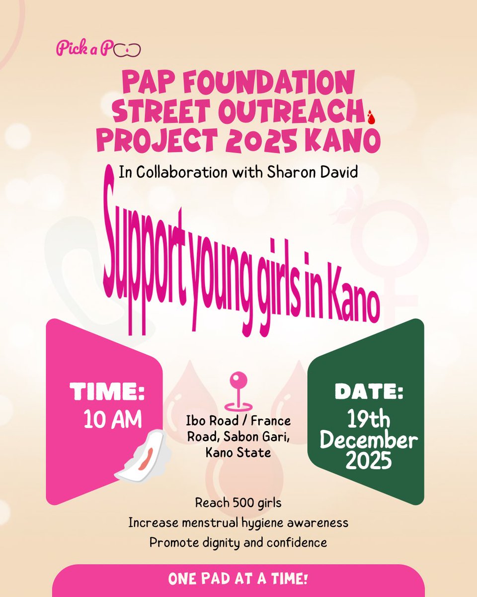 KANO, WE’RE COMING! 💗

The PAP Foundation Street Outreach Project 2025 is happening!

📍 Sabon Gari, Kano

We’re reaching 500 girls with pads, awareness, and dignity, one pad at a time.
Support. Share. Be part of the impact.

#endperiodpoverty #pickapad #donatepads #christmas