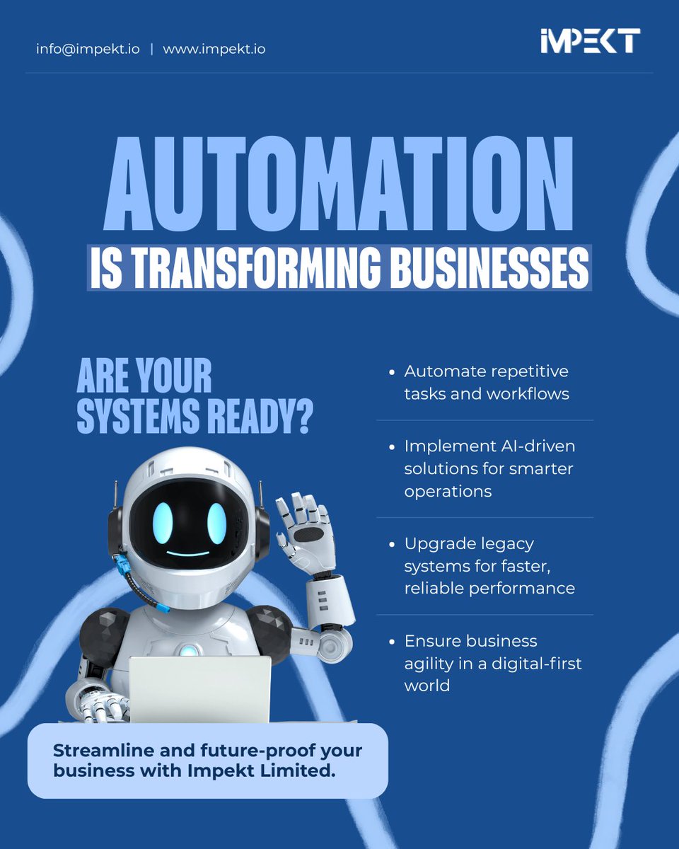 IMPEKTdigital's tweet photo. Automation is changing everything. Upskill, adopt AI, and modernize systems to stay fast, smart, and future-ready.

#Automation #Upskilling #AI #DigitalTransformation #FutureReady #ImpektLimited https://t.co/TkKKmPgdf4