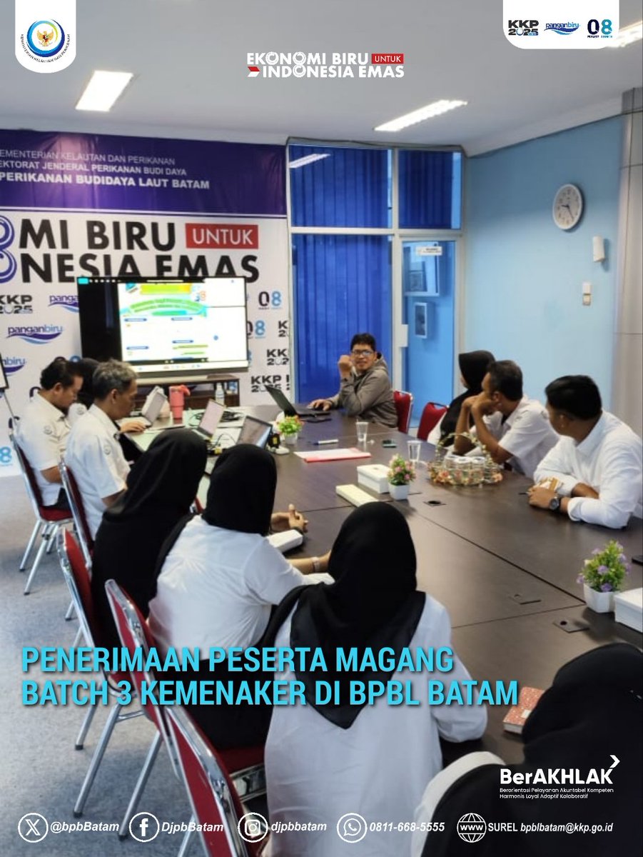 bpblbatam's tweet image. #sahababatbudidaya 
Selamat datang peserta magang Batch 3 Kemenaker di Balai Perikanan Budidaya Laut Batam, Senin (15/12/25).
#PanganBiru
#2025KKPRiseTogether
#EkonomiBiruUntukIndonesiaEmas
#SaktiWahyuTrenggono 
#KKPGOID
#bpblbatam