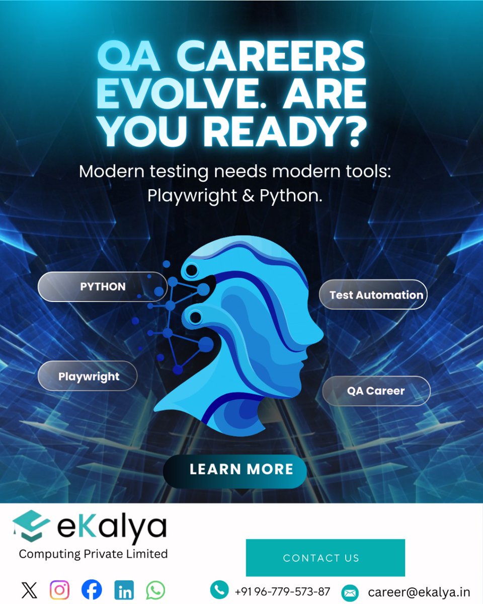 ekalyaedu's tweet image. Step into the future of software testing with Modern Test Automation using Playwright &amp;amp; Python at eKalya Computing Pvt Ltd
#PlaywrightTesting #PythonAutomation #ModernTestAutomation #AutomationEngineer #QATesting #SDET
