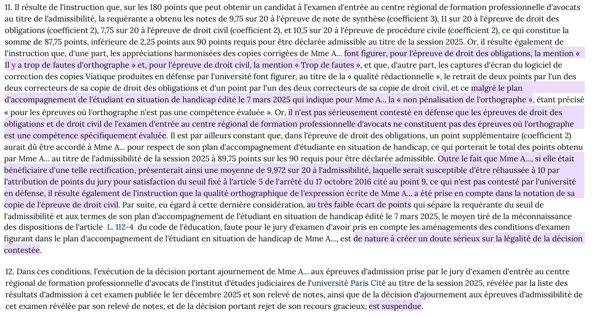 CFPRA : En référé, la non-admissibilité d'une candidate au CRFPA est suspendue.

Car des points pour fautes d'orthographe lui ont été retirés, malgré un handicap reconnu.

Or, vu le faible écart de points, elle aurait pu être déclarée admissible &amp; passer les oraux d'admission.