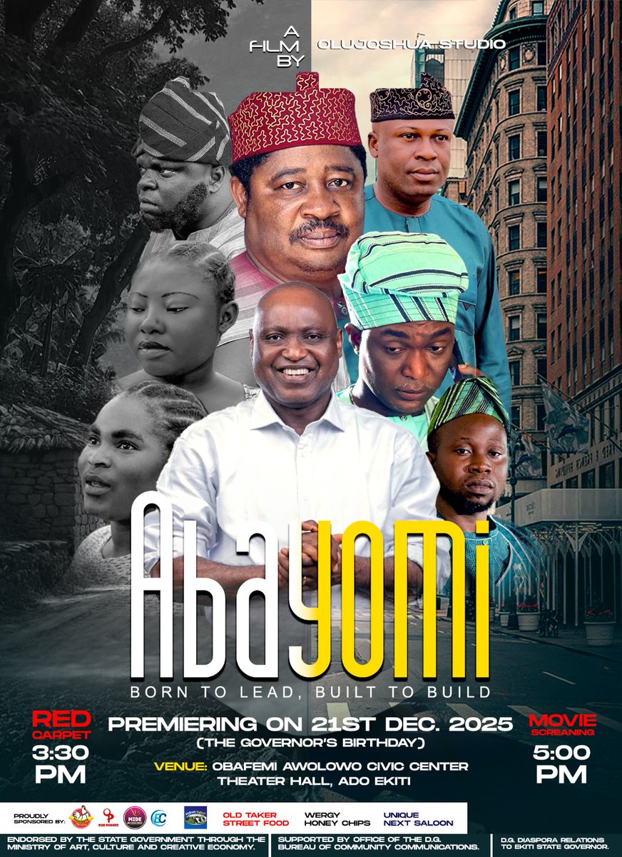 On 21st of December comes the much awaiting premiere of ABAYOMI a Biopic adaptation of Gov <a href="/biodunaoyebanji/">Biodun Oyebanji</a> story celebrating the humble beginning and legacies of our beloved Governor. Venue is Obafemi Awolowo civic center. Red carpet is 3:30pm. Free entry. Don't miss out