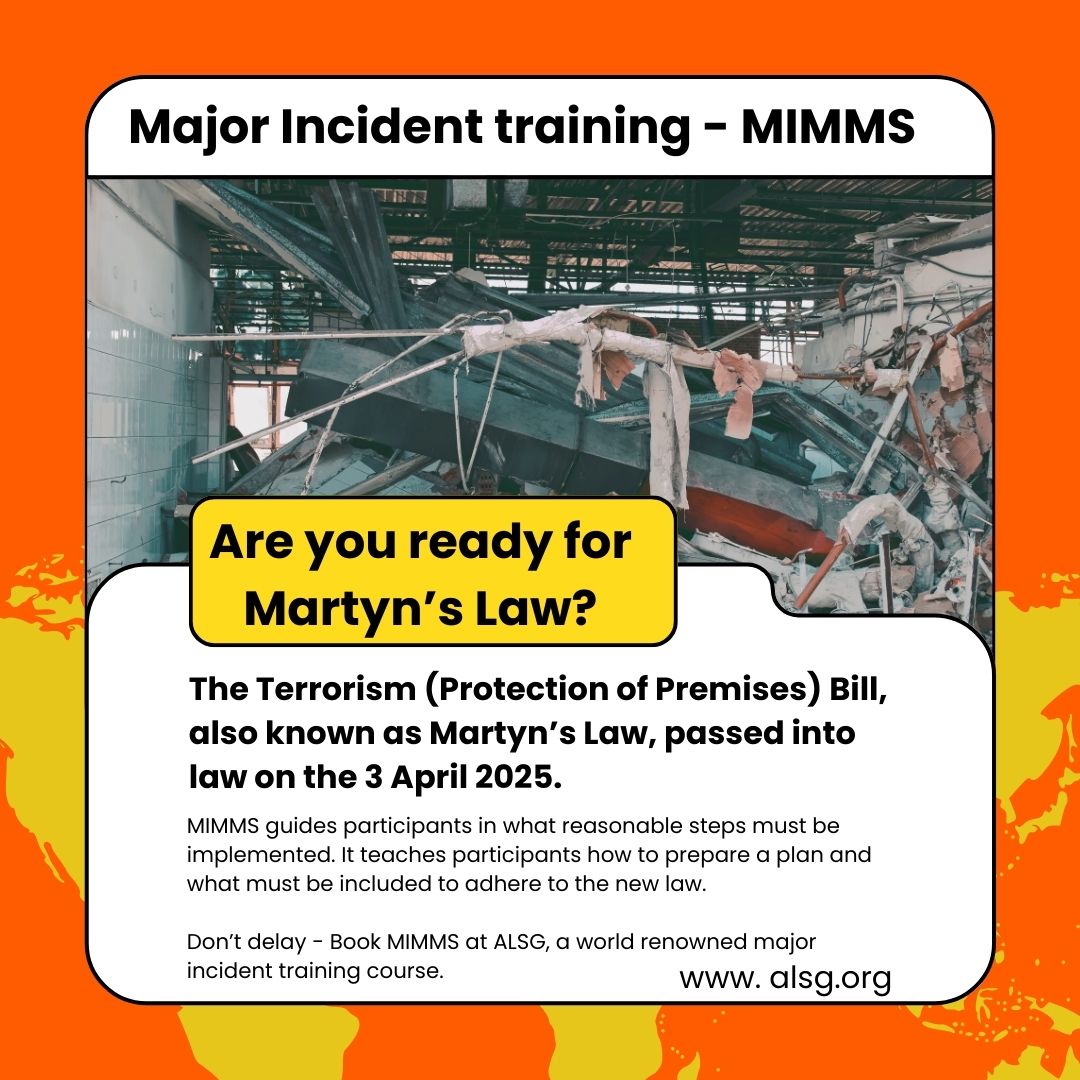 _ALSG_'s tweet image. Is your venue ready for Martyn’s Law? Are your staff trained and prepared? Click here bit.ly/ALSG_IMMS for Major Incident training for your staff. #MIMMS #MartynsLaw