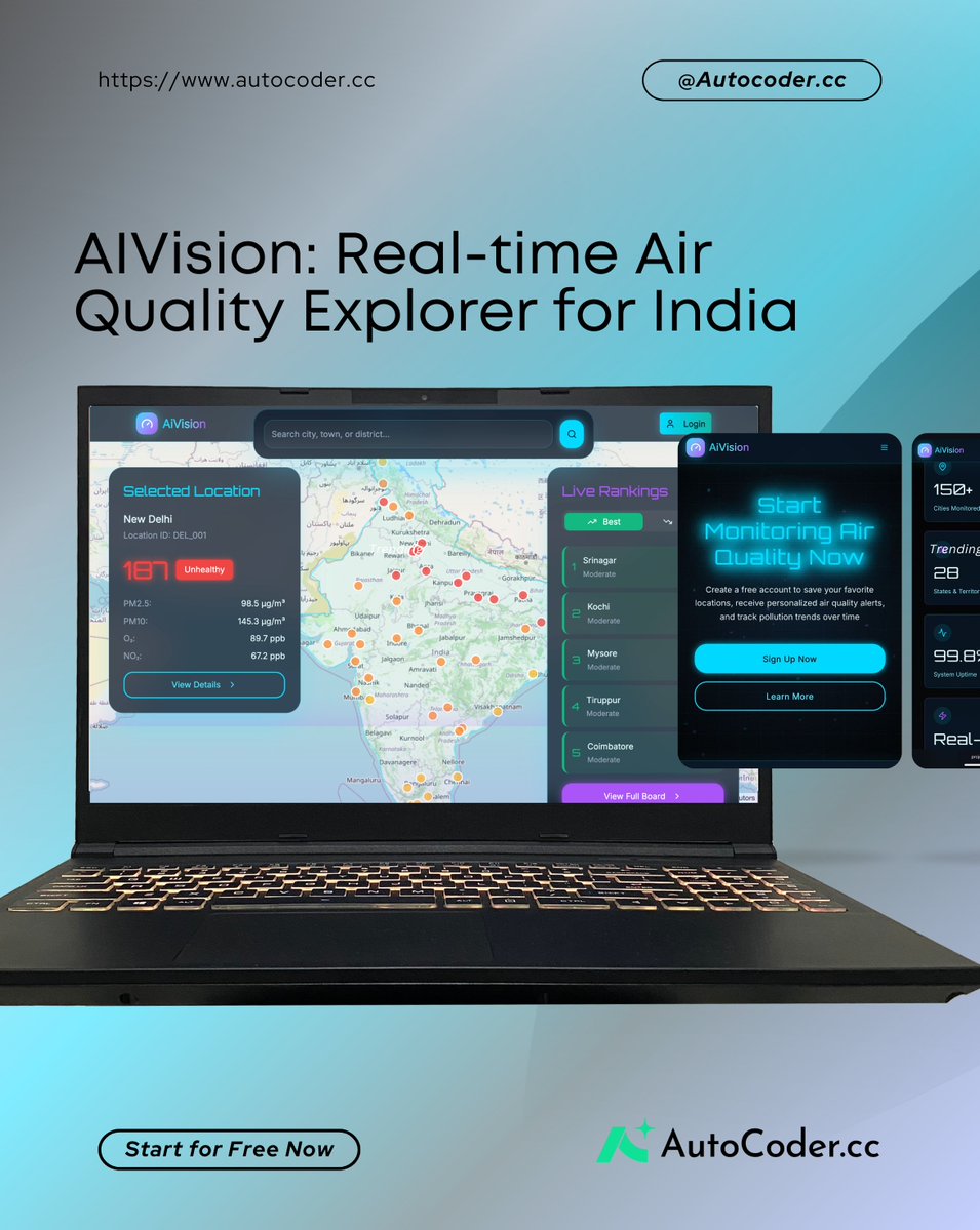 autocoder_cc's tweet image. This project showcases an air quality monitoring app built for real time exploration across India. ☁️
🌍 Users can search any city, view live pollution levels, check rankings, and track trends with clear data panels and location based insights. 🍃

AutoCoder generated the full…