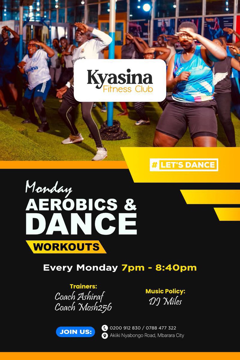 🔥💃 LET'S DO THIS! 💪 #KyasinaFitnessClub is READY! 🕺 Aerobics and dance workouts to kickstart the week! 7k gets you in! 
📍Bus Park Road, 7pm sharp! 💪 
See you there!