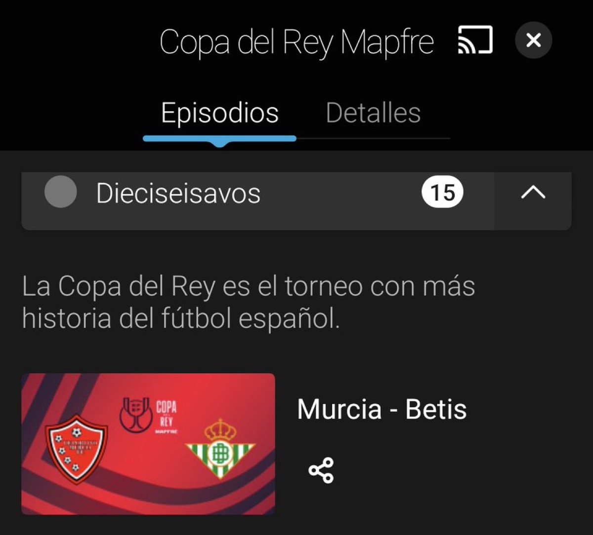 Así anuncian el partido entre el <a href="/realmurciacfsad/">Real Murcia CF</a> y <a href="/RealBetis/">Real Betis Balompié 🌴💚</a>.

La Copa del Rey es el escenario evidente donde se ve como clarean las principales plataformas de televisión de nuestro país.

No es grave que haya sucedido esto con el que lo haya hecho, sin ir mas lejos yo no tengo