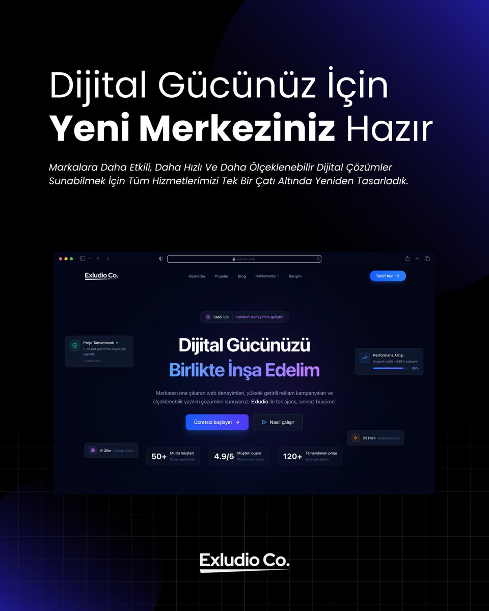 ExludioAgency's tweet photo. #Exludio’nun Yeni Web Sitesi Yayında.
Markalara Dijital Güç Kazandırmak İçin Web, Mobil, Yapay Zeka Ve Creative Üretimi Bir Araya Getiren Teknoloji Stüdyomuzu Yeniden Tasarladık.

Yeni https://t.co/SYcZkHvlZb Yayında. İnceleyin, Dijital Gücünüzü Birlikte İnşa Edelim. https://t.co/67sdwFGzlc