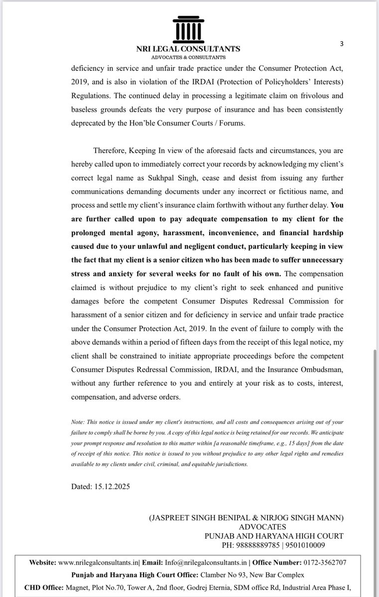 Js_pinder's tweet image. Legal Notice sent to HDC ERGO for harassment of a senior citizen and asking the senior citizen to submit false documents in order to give the required claim! Shameful @HDFCERGOGIC @HDFCBank_Cares