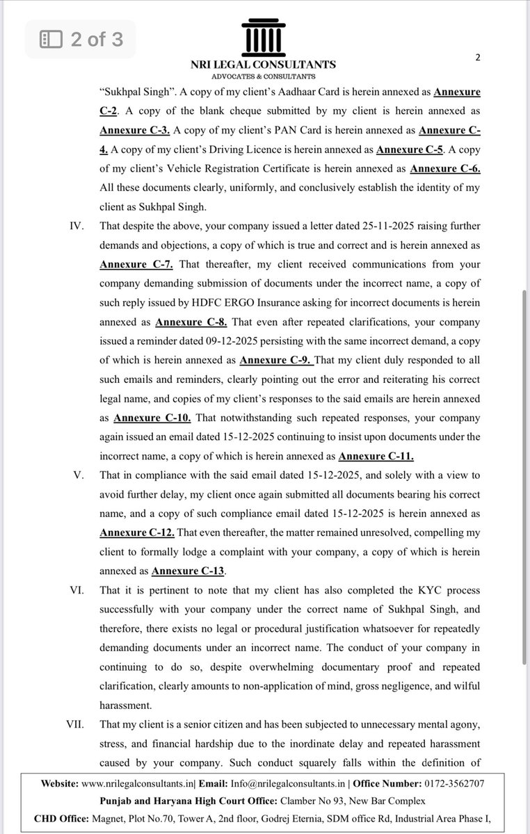 Js_pinder's tweet image. Legal Notice sent to HDC ERGO for harassment of a senior citizen and asking the senior citizen to submit false documents in order to give the required claim! Shameful @HDFCERGOGIC @HDFCBank_Cares