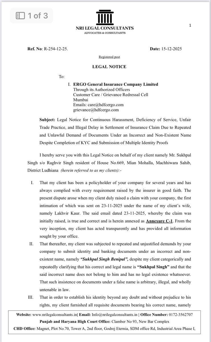 Js_pinder's tweet image. Legal Notice sent to HDC ERGO for harassment of a senior citizen and asking the senior citizen to submit false documents in order to give the required claim! Shameful @HDFCERGOGIC @HDFCBank_Cares