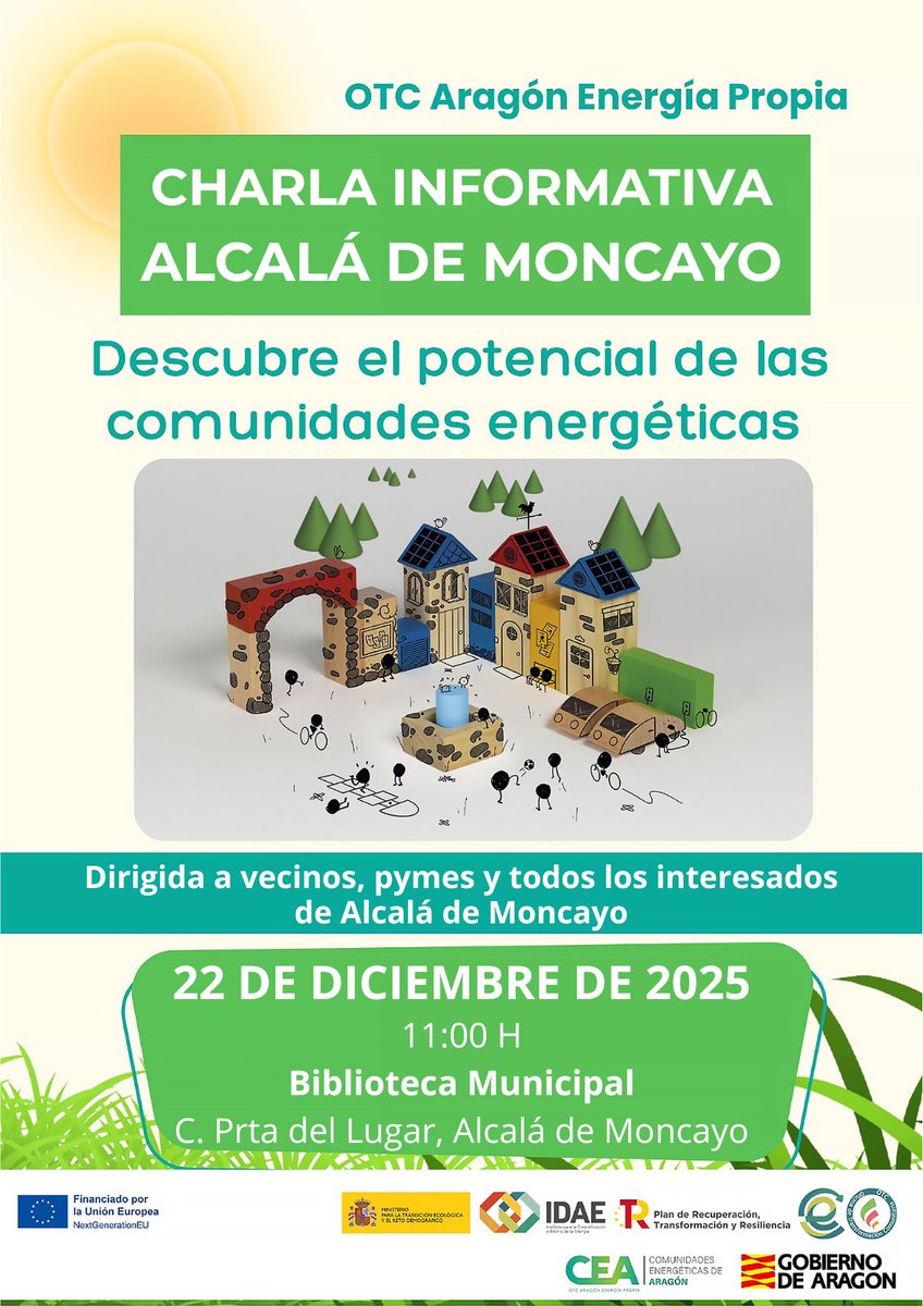 Com_Ener_Aragon's tweet photo. Charla informativa sobre comunidades energéticas en #AlcalaDeMoncayo

Descubre qué son las #ComunidadesEnergéticas y por qué son claves en la transición energética.

📅 22/12/2025
⌚️ 11:00 h
🏛 Biblioteca Municipal. Alcalá de Moncayo

📲 Apúntate👉 https://t.co/vf1AgLxBd0 https://t.co/i4Q7Tk3GbY