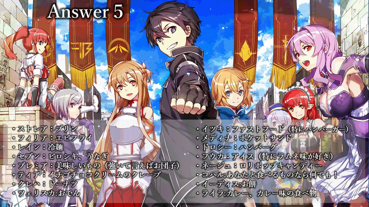 sao_gameinfo's tweet photo. 《#SAOゲームオリキャラ追加設定》

本日のQ&A公開キャラクターは…
＼＼＼オリジナルキャラクター全員／／／

【Question】
SAO ゲームオリキャラ全員の好きな食べ物、
嫌いな食べ物が知りたいです。教えてください！

また今年最後のサプライズとして、
ご要望の多かったSAOアプリゲームオリジナルキャラクター達の
好きな食べ物も追加発表✨

#SAO
