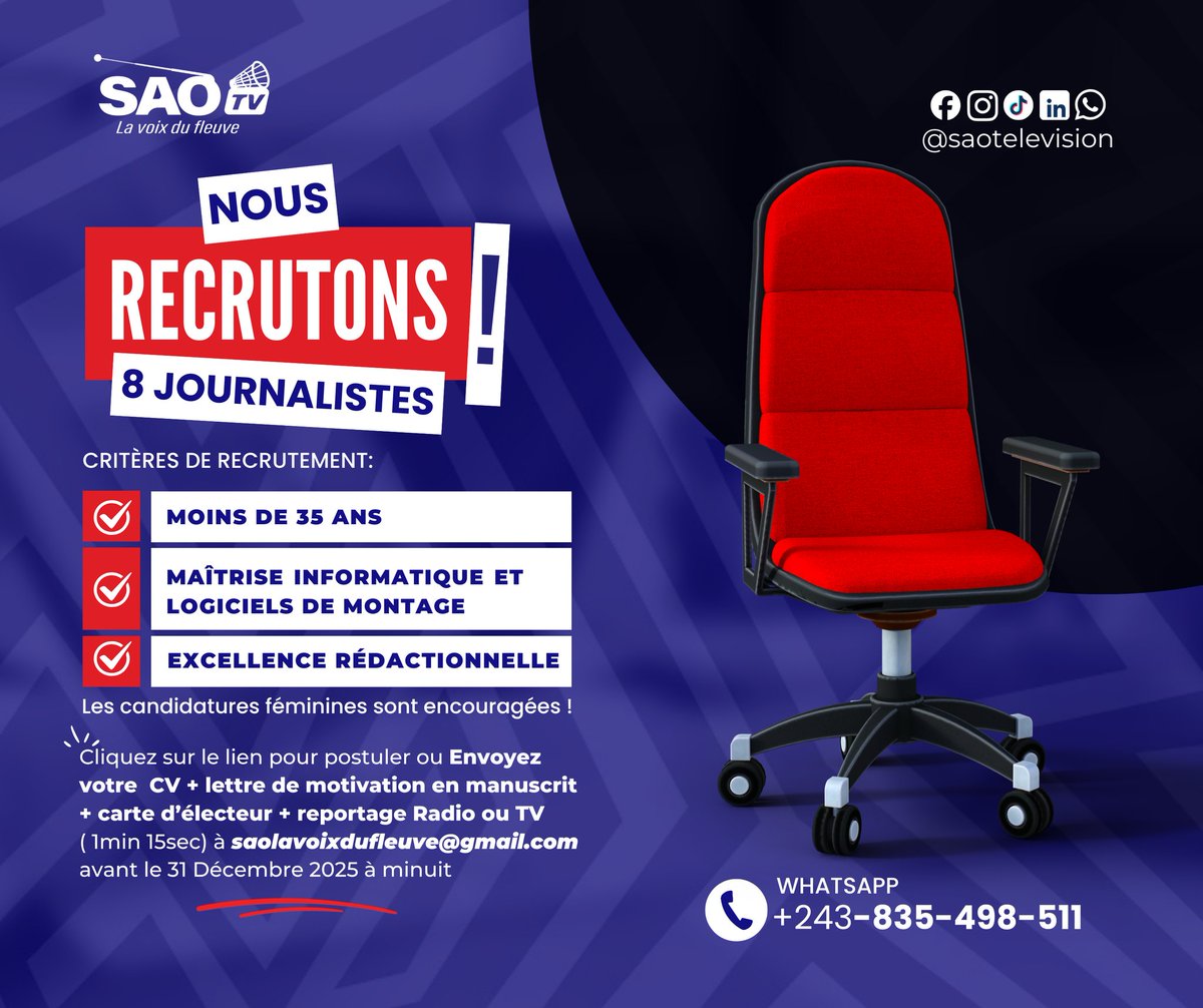 Saotelevision1's tweet photo. 🎤 Rejoignez SAO FM TV !
Nous recrutons 8 journalistes à Kisangani.
📌 Moins de 35 ans
📌 Maîtrise informatique et montage
📌 Excellence rédactionnelle 
👩‍💼 Les candidatures féminines sont encouragées !
 Cliquez sur le lien https://t.co/8paeJRQavt https://t.co/af1CLcf8Gp