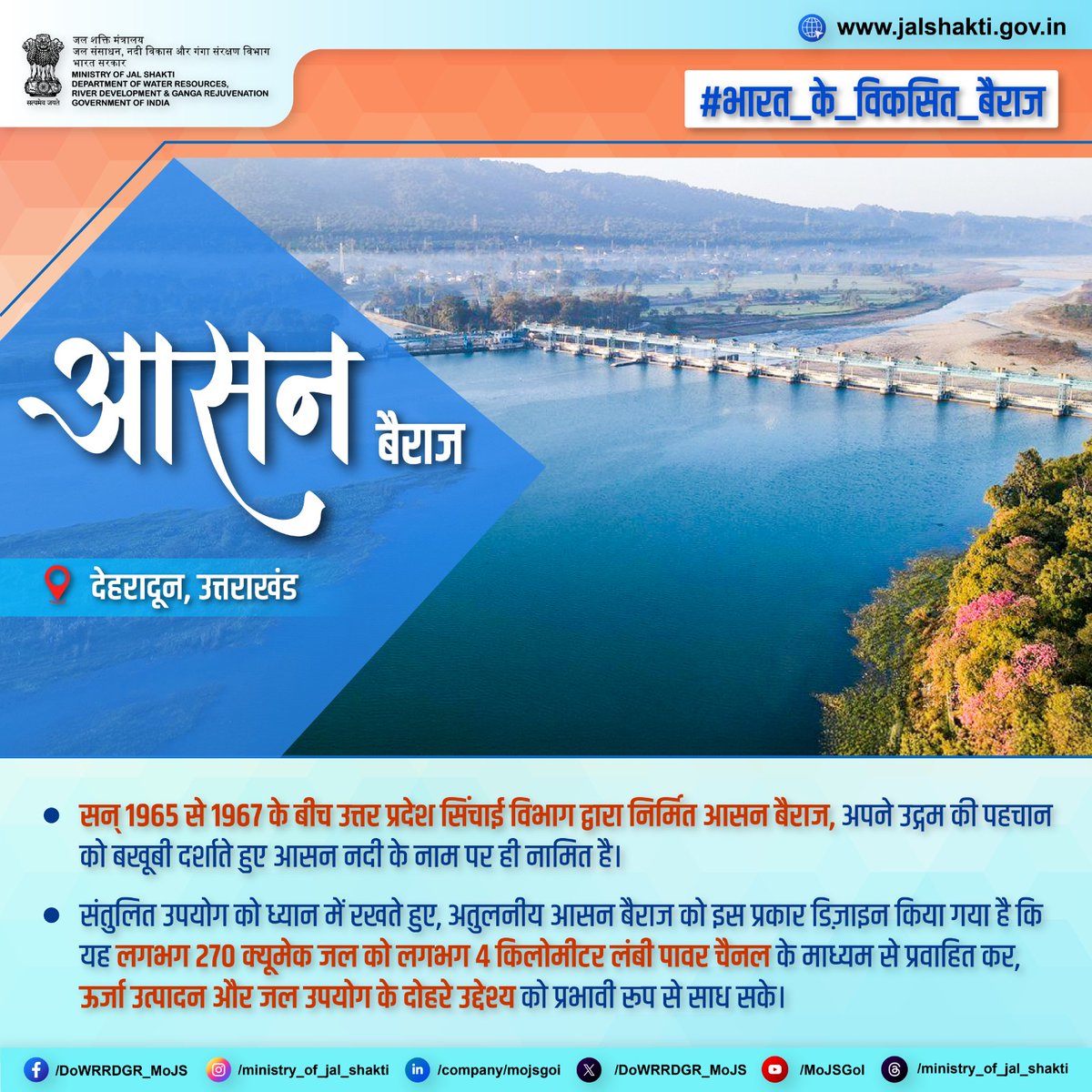 आसन बैराज के ऊपर से दूर क्षितिज पर खड़ी राजसी हिमालयी चोटियाँ मानो मौन प्रहरी बनकर दिखाई देती हैं, जिनके बर्फ से आच्छादित शिखर आकाश को स्पर्श करते प्रतीत होते हैं।

देहरादून, उत्तराखंड में स्थित आसन बैराज का इतिहास प्रकृति और मानव नवाचार के सुंदर संगम की कहानी कहता है। बाढ़