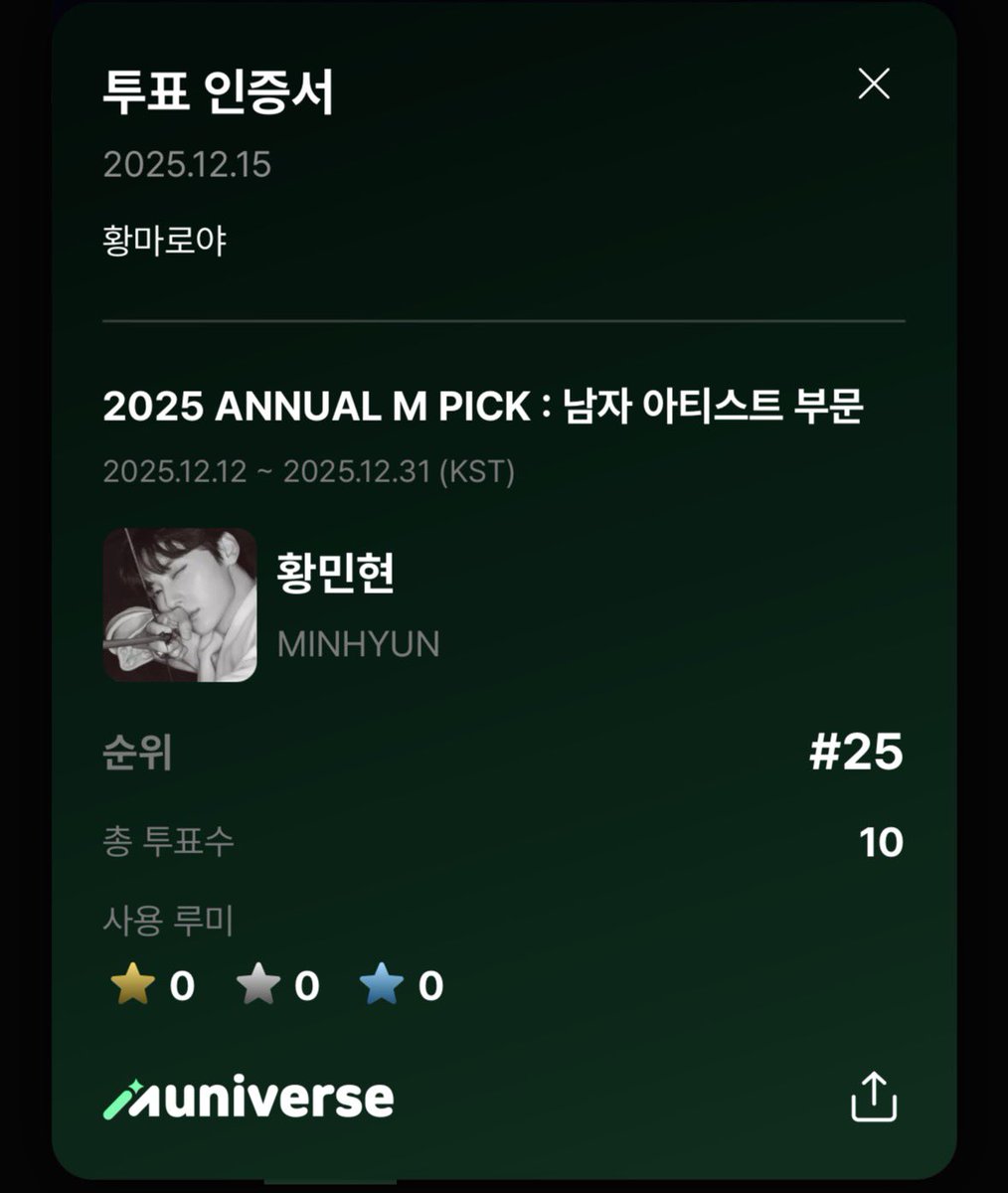 minhyuntop's tweet photo. @muniverse_io #2025ANNUALMPICK_뮤니버스  
제대한 황민현 꼭 보러가고 싶습니다 https://t.co/tui9WEHgxE