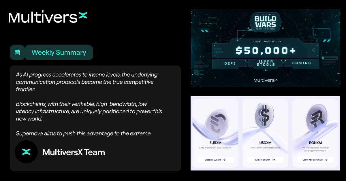Last week in $EGLD  🌏

⚔️ Battle of Nodes: Build Wars Hackathon announced
⚡️ OmniSet by <a href="/PiSquared/">Pi Squared</a> announces MvX integration
💶 <a href="/xMoney_com/">xMoney.com</a> announces timeline for EUR, USD, RON stablecoins
⛓️ mx-sovereign-sc v0.5.0 live
📊 $MEX 20% emission decrease
🧑‍💻 <a href="/CodeMultiversX/">CodeMultiversX</a> Validator