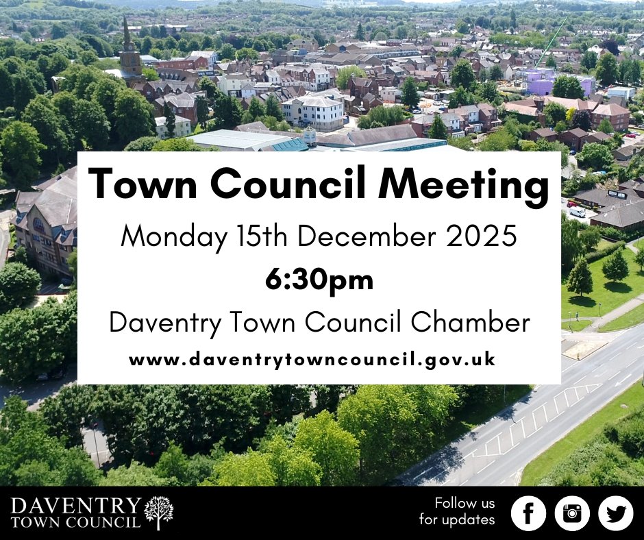The next 𝗧𝗼𝘄𝗻 𝗖𝗼𝘂𝗻𝗰𝗶𝗹 𝗠𝗲𝗲𝘁𝗶𝗻𝗴 will take place TONIGHT (Monday 15th December) at 6.30pm at the Town Council Chamber. Members of the press and the public are welcome to attend.

Find the meeting agenda here: daventrytowncouncil.gov.uk/council-meetin…